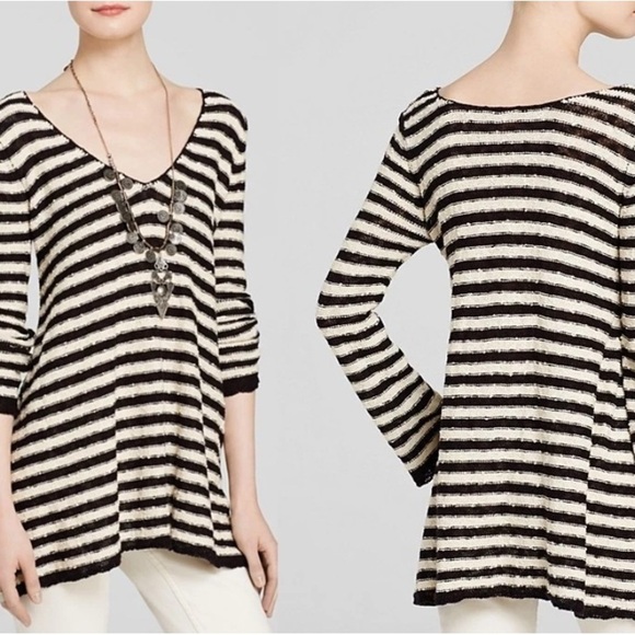 Free People Black and Cream oversized Striped Tunic - Picture 1 of 4